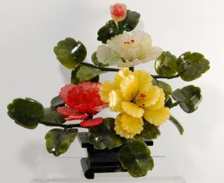 Vintage Chinese Carved Rose Quartz Carnelian Jade Flower Bonsai Tree