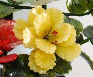 Vintage Chinese Carved Rose Quartz Carnelian Jade Flower Bonsai Tree 2