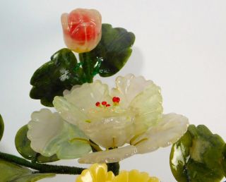 Vintage Chinese Carved Rose Quartz Carnelian Jade Flower Bonsai Tree 4