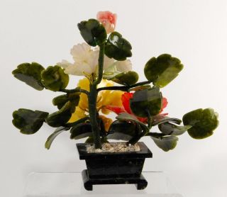 Vintage Chinese Carved Rose Quartz Carnelian Jade Flower Bonsai Tree 7
