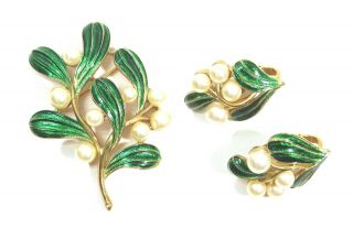 Vtg.  Crown Trifari Green Enamel Leaves With Faux Pearl Flowers Brooch & Earrings