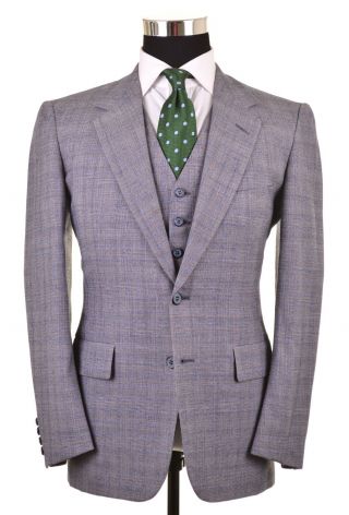 Vtg Hickey Freeman Blue Gray Plaid Wool Tweed 3pc Suit Jacket Vest Pants