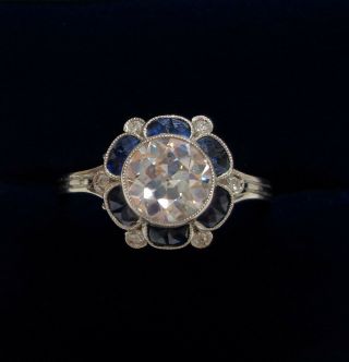 Antique Art Deco 1.  17ct Diamond And Sapphire Ring Platinum - Wow - Size M 1/2