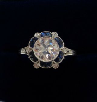 Antique Art Deco 1.  17ct Diamond and Sapphire Ring Platinum - WOW - Size M 1/2 2