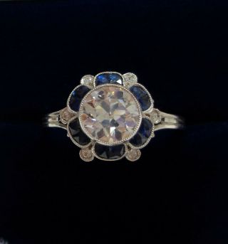 Antique Art Deco 1.  17ct Diamond and Sapphire Ring Platinum - WOW - Size M 1/2 3