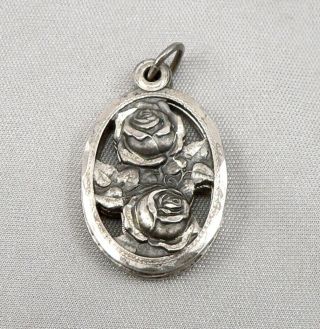 Vintage Sterling Silver Rose Religious Slide Charm Pendant Miraculous Medal Mary