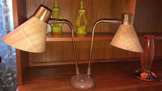 Vintage Mid Century Atomic 2 Light Fiberglass Shade Bullet Goose Neck Table Lamp