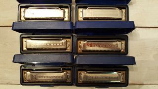 M Hohner Blues Harps - Set of 6 - Keys of A,  B,  D,  E,  F,  G Made In Germany Vintage 2