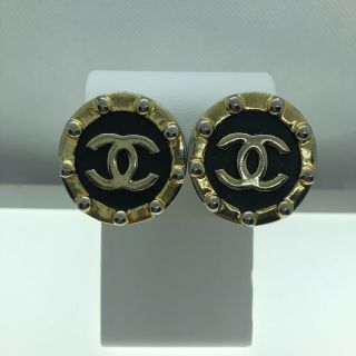 Vintage Chanel Clip On Earrings Matte Black & Studded Gold Runway Big Designer