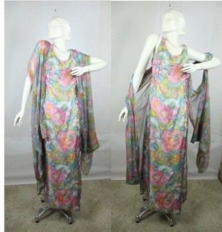 Vintage 60s 70s Gown Dress Pastel Floral Long Sheer Shawl Evening L Xl Babs