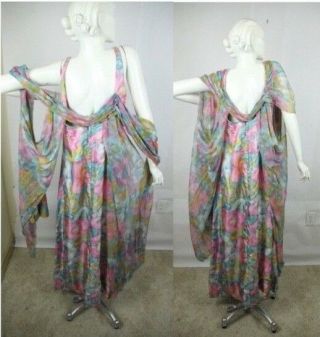 Vintage 60s 70s Gown Dress Pastel Floral Long Sheer Shawl Evening L XL Babs 3