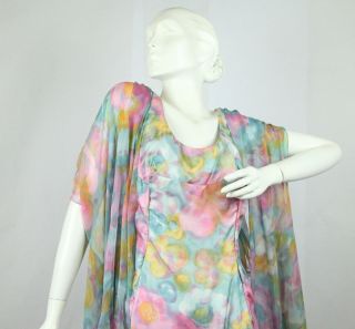 Vintage 60s 70s Gown Dress Pastel Floral Long Sheer Shawl Evening L XL Babs 5