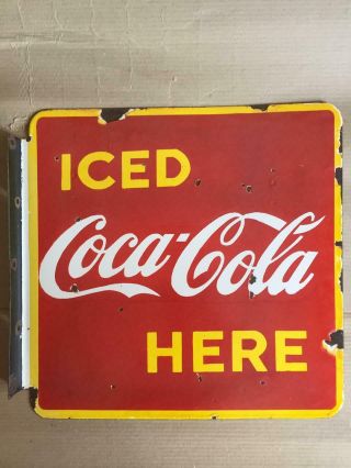 Vintage Coca - Cola Porcelain Enamel Double Sided 19 " X18 1/2 " Flange Sign - 1 1/2 "