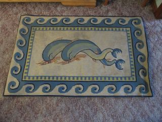 Unusual Antique Chinese Asian Fish Or Dolphin Design Rug Textile