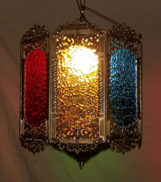 Vintage Mid Century Gothic Spanish Tudor Swag Lamp,  Colored Glass,  Brass,