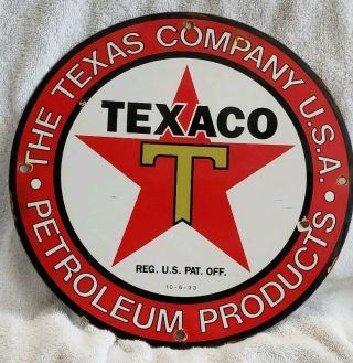 Vintage Sign Texaco Gasoline Oil Porcelain Enamel – 11 - 3/4” –