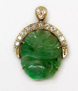 Vintage 18k Yellow Gold Natural Diamond Green Jadeite Jade Lotus Flower Pendant