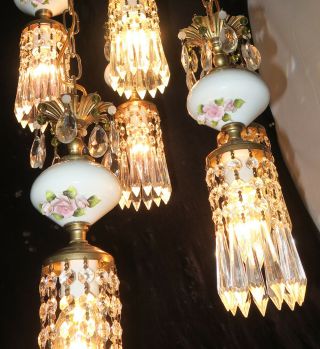 6LT Vintage Capodimonte PInk ROSE porcelain Brass swag lamp Beads chandelier 10