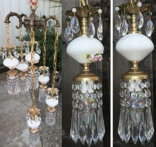 6LT Vintage Capodimonte PInk ROSE porcelain Brass swag lamp Beads chandelier 11