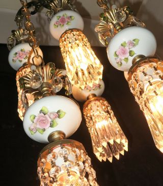 6lt Vintage Capodimonte Pink Rose Porcelain Brass Swag Lamp Beads Chandelier