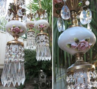 6LT Vintage Capodimonte PInk ROSE porcelain Brass swag lamp Beads chandelier 2