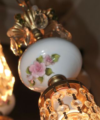 6LT Vintage Capodimonte PInk ROSE porcelain Brass swag lamp Beads chandelier 3