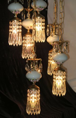 6LT Vintage Capodimonte PInk ROSE porcelain Brass swag lamp Beads chandelier 4