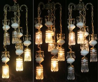 6LT Vintage Capodimonte PInk ROSE porcelain Brass swag lamp Beads chandelier 5