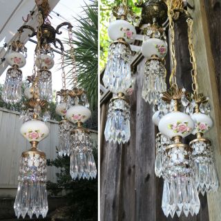 6LT Vintage Capodimonte PInk ROSE porcelain Brass swag lamp Beads chandelier 6