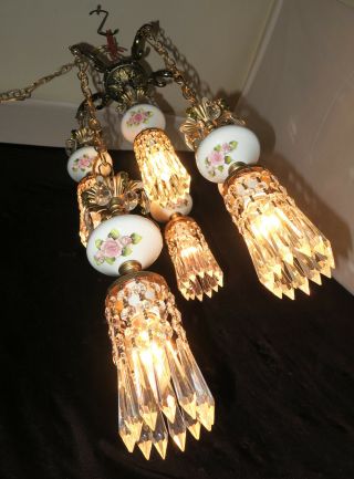 6LT Vintage Capodimonte PInk ROSE porcelain Brass swag lamp Beads chandelier 7