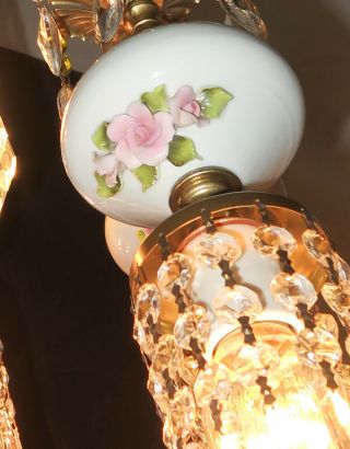 6LT Vintage Capodimonte PInk ROSE porcelain Brass swag lamp Beads chandelier 8