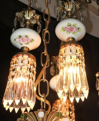 6LT Vintage Capodimonte PInk ROSE porcelain Brass swag lamp Beads chandelier 9