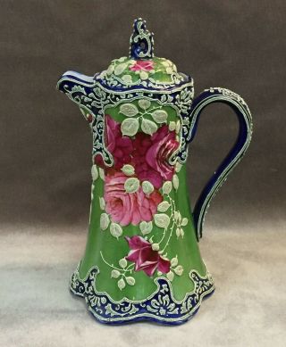Antique Pre - 1898 Nippon Enamel Moriage Hand Painted Rose Porcelain Chocolate Pot