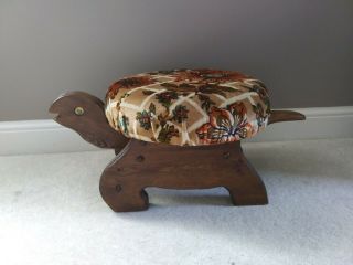 Vintage Retro Upholstered Tapestry Wood Turtle Foot Stool Ottoman
