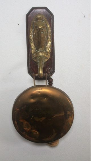 Vintage Victorian Brass & Wood Owl Wall Mounted Dinner Gong Bell W/ Orig Striker