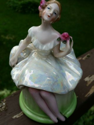 Vintage 1920s German Porcelain Lady Powder Dresser Jar in Lustreware Dress 2