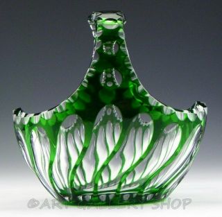 Vintage Bohemian Chech EMERALD GREEN CRYSTAL CUT TO CLEAR BASKET CANDY DISH BOWL 4