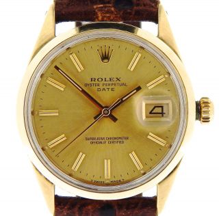 Rolex Date 1550 Mens 14k Gold Shell Watch Brown Leather Band Champagne Dial 34mm