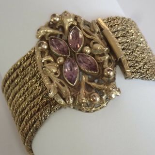 Vintage Art Nouveau Gilt Brass Amethyst Rhinestone Multi Chain Flower Bracelet