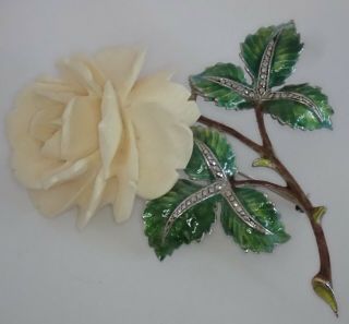 Big Vintage Alice Caviness Sterling Silver Enamel Marcasite Rose Flower Brooch
