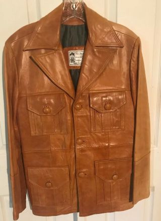 Vintage 60s 70s Mens Leather Jacket Retro Disco Caramel Brown