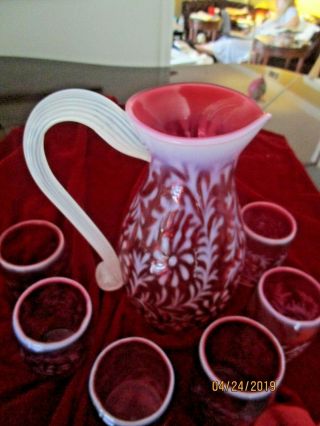 Vintage Fenton Art Glass Cranberry Pitcher Tumblers Daisy And Fern Design