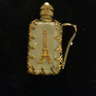 Vintage French Mini Perfume Bottle Czech Glass? Filigree Eiffel Tower 2.  25 " H