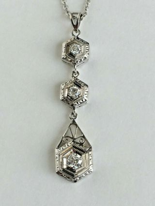 Vintage 10k White Gold Chain With 3 Diamond Pendant