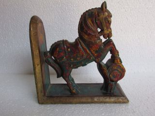 Vintage Old Hand Carved Unique Shape Wooden Brass Fitted Horse Statue