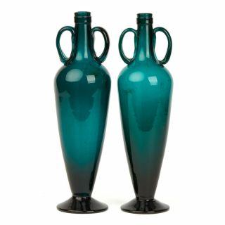 Pair Stylish Vintage Green Glass Twin Handled Bottle Vases