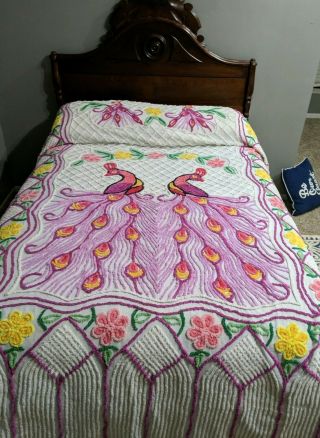 Vintage Chenille Bedspread Peacocks.  Floral.  Full/double/queen.  Stunning