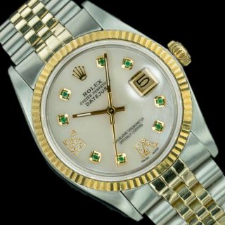 Mens Rolex Watch Datejust 16013 18k Gold & Steel Mop Emerald Roman Num Diamonds