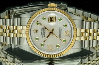 Mens Rolex Watch Datejust 16013 18k Gold & Steel MOP Emerald Roman Num Diamonds 2