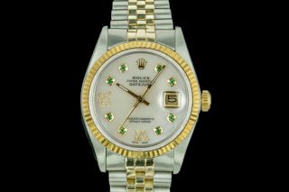 Mens Rolex Watch Datejust 16013 18k Gold & Steel MOP Emerald Roman Num Diamonds 6